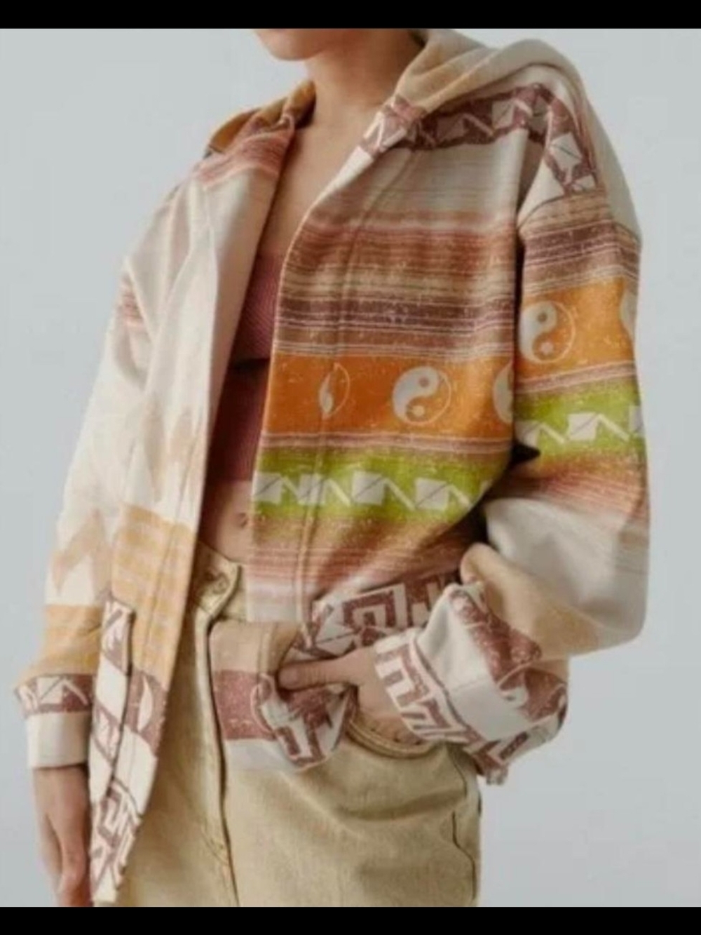 BDG Urban Outfitters Yin Yang Geometric Open Front Hooded Cardigan Aztec Sweater